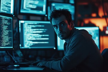 Software developer working with multiple monitors