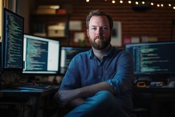 Software developer working with multiple monitors