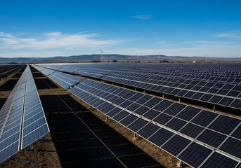 Wide angle view of a large solar panel field under a clear blue sky, with distant hills and wind turbines.