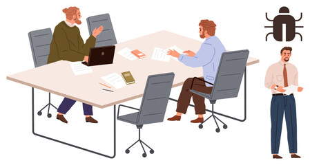 Group of three professionals working at a table with documents, laptop, and bug symbol nearby. Ideal for teamwork, problem-solving, brainstorming, software development, bug tracking, project
