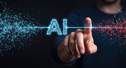Artificial intelligence technology linking hand touching glowing AI letters