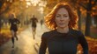 © NATALIIA - Evening jog scene with focused middle-aged female runner, curly auburn hair, sporty attire, urban park pathway, golden hour illumination, autumn atmosphere