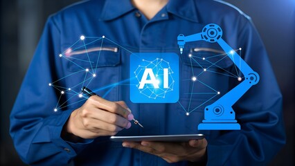 person holding tablet with ai icon, robotic arm, and network connections in a blue environment