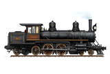 Detailed vintage black steam locomotive side view illustration for historical transport design