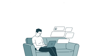 A man sits on a couch using a laptop with message bubbles floating next to him in a simple illustration