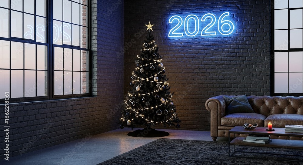 Modern Loft with a Christmas Tree and a Blue Neon 2026 Sign Stock ...
