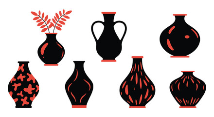 Collection of seven unique black and red vases with various shapes and patterns