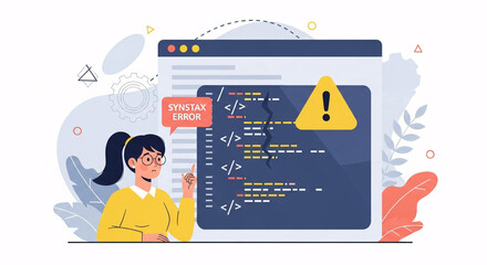 Female programmer facing syntax error on computer screen, coding and software debugging problem illustration
