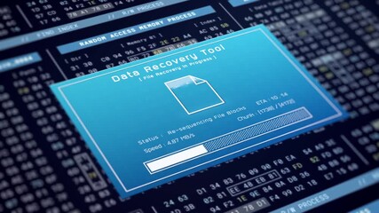 Data recovery process screen on cloud storage server, database protection backup for restore secure file sharing network, cyber security software technology, retro binary computer repair monitor UI