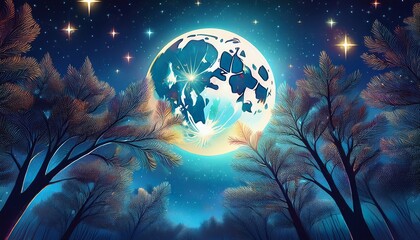 Wall Mural - full moon night forest stars