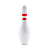 Single white bowling pin with red stripes