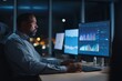 © Space Priest - African male analyst reviewing business data on computer screens in modern office at night