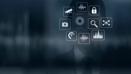 Wall Mural - male businessman face with digital overlay. surveillance system with biometric scanning and data ana