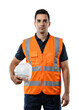 © David - Construction worker wearing safety vest job site portrait indoor studio front occupational safety awareness. Cut out PNG