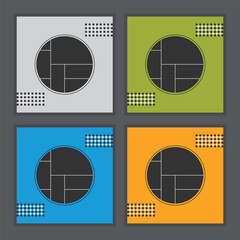 Retro colors empty divided tiles round banners square posters design element set with checkered pattern layout on dark gray background