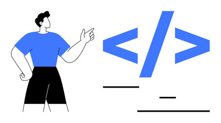 Person gesturing towards coding symbols with abstract shapes around. Ideal for web development, programming, collaboration, technology, coding, education, and a simple landing page