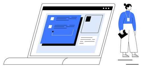 laptop showcasing digital interface with content blocks and navigation. woman holding a clipboard. i