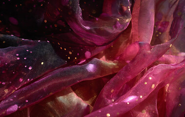 Wall Mural - Red Pink Sheer Fabric with Gold Glitter Texture