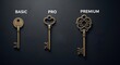 © zahidyounas - Three vintage keys on a dark background representing basic, pro, and premium service tiers.