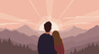 © David - Couple watching sunrise over mountains nature scene digital illustration romantic landscape serene viewpoint. Vector illustration