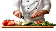 © RB 4k Photo  - Chef in white uniform slicing vegetables on a wooden cutting board with a large silver knife