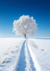 Wall Mural - Snowy field with a lone tree