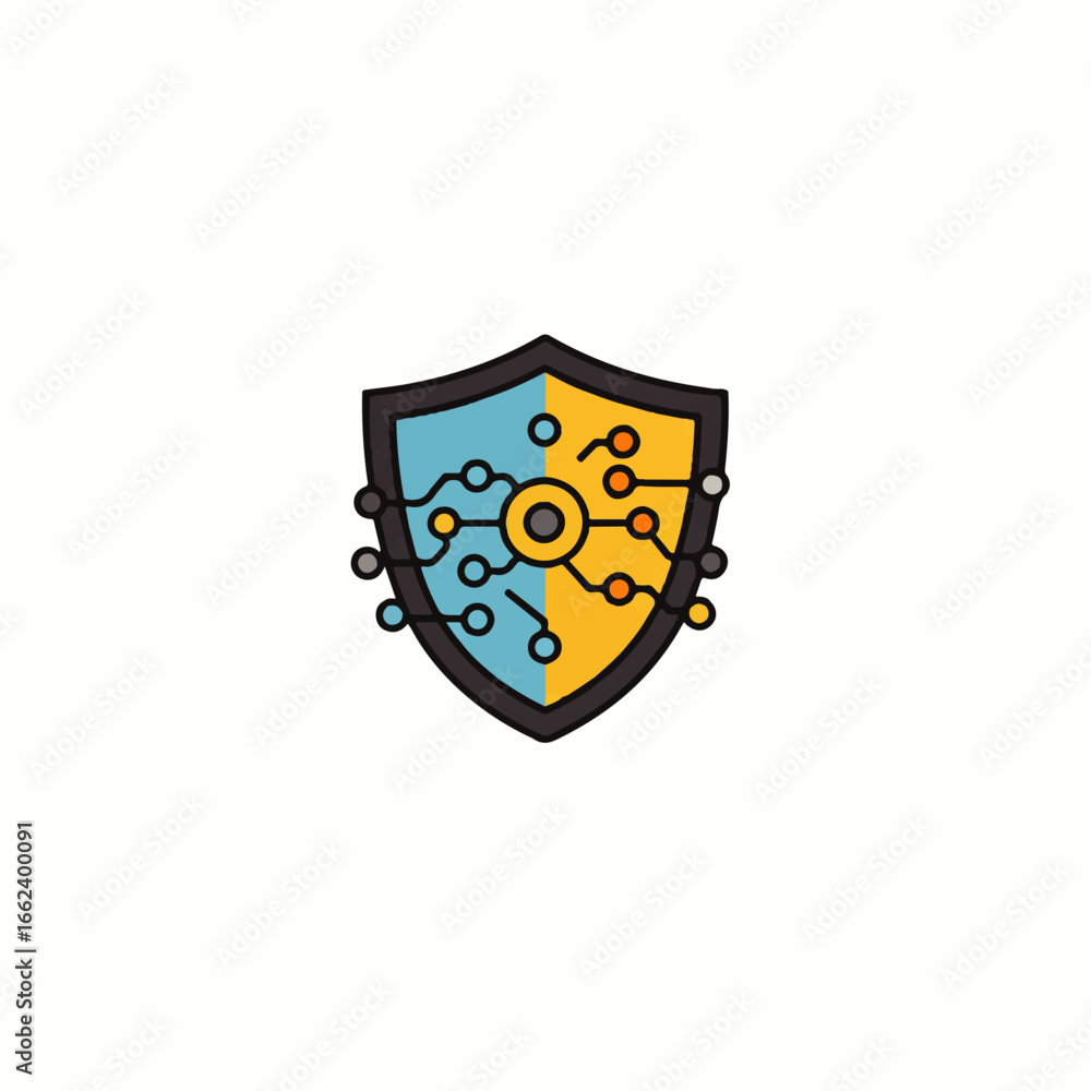 Cybersecurity shield icon with a blue and yellow digital circuit ...