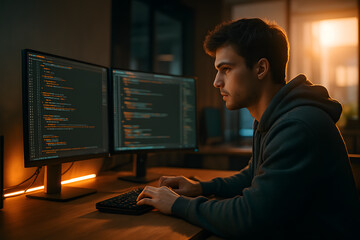 Programmer coding software on computer screens in dark office late night