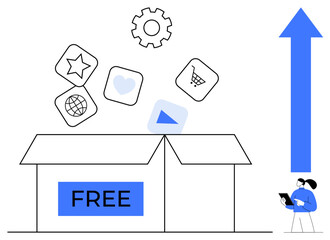 Open box labeled Free releasing app icons representing technology and innovation, upward arrow for growth, person with tablet. Ideal for startup, app launch, online tools, marketing, growth strategy