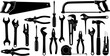 © Hussien - A collection of various hand tools including wrenches pliers saws screwdrivers and hammers in black silhouette | editable eps vectors