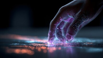 Futuristic Hand Touching a Digital Surface with Vibrant Particles and Glowing Light A High Tech Interaction
