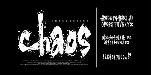 Font Chaos. Grunge - Graffiti brushstyle font type alphabet with signs and symbols. Street Art graffiti style font type letterning set. Punk style elements collection for tee print and music cover 