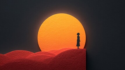 Wall Mural - Silhouette of a person standing on a red hill against a large orange circle and dark background