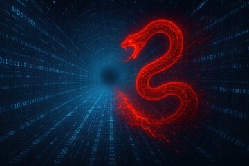 Digital serpent in binary tunnel: cyber threat and data security concept image