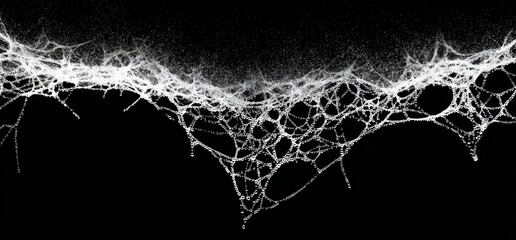 Close-up of a spider web with dew drops on fine silk threads in a dark background