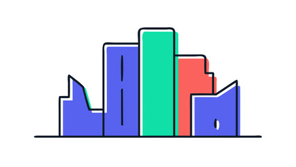 Stylized abstract cityscape with colorful geometric buildings against a black background representing urban development and modern architecture