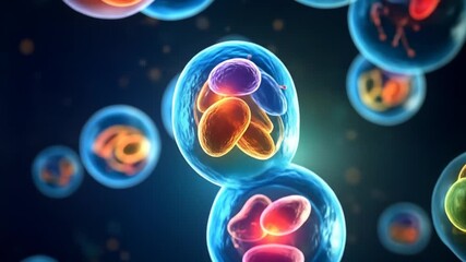 Microscopic World Colorful Animated Cells with Glowing Blue Background.