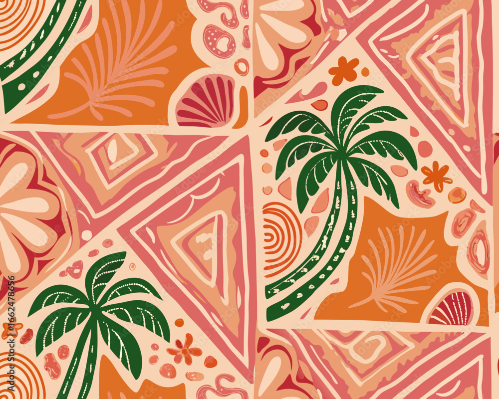 Miami Patterns Tropical pattern with palm trees and abstract shapes in warm colors ...