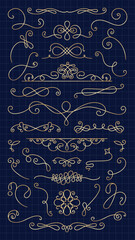 Wall Mural - Elegant gold flourishes on a dark background. Flourishes include swirls, curls, and loops. Decorative flourishes for design. Flourishes add a vintage touch. Hand drawn ornament vector set.