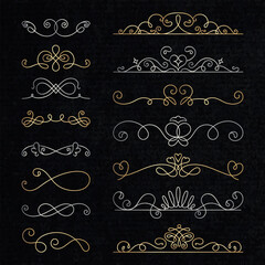Wall Mural - Elegant vintage dividers in gold and silver. Decorative dividers with swirls and curls. Perfect for vintage designs and classic decor. Ornate and stylish dividers. Hand drawn ornament vector set.