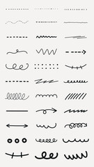 Wall Mural - Collection of hand-drawn lines and arrows. Curved lines, straight lines, zigzag lines, and arrows. Dotted lines and dashed lines in various styles. Black hand drawn elements, vector set.