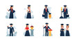 © Jonmart - Diverse Graduation Ceremony Illustrations Featuring Graduates in Academic Regalia with Symbolic Elements, Ideal for Educational Institutions and Graduation Celebration Materials