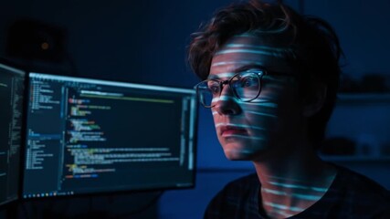 Person wearing glasses looking at computer screen with code in a dark blue room at night time