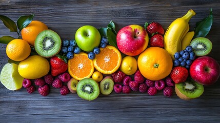 Wall Mural - Assorted Fruits Apples, Oranges, Bananas, Berries, Kiwi On Rustic Wood Tabletop