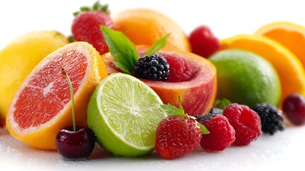 Wall Mural - Assorted Sliced Citrus Fruit, Lime, Grapefruit, Cherry, Orange and Berries Closeup