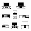 © Maya - A diverse collection of black and white icons showcasing various modern TV stands, media consoles, and storage cabinets for living room furniture.