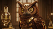 © Lereen - Wise steampunk owl with clockwork gear eyes in a vintage laboratory in a detailed realistic 3d render style