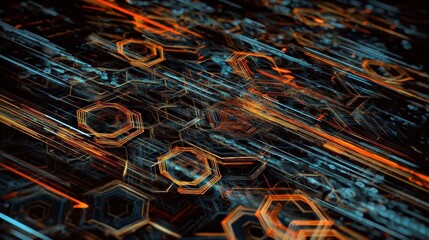 Illustrative technology background image with glowing, futuristic geometric shapes and lines in dark blue and orange tones