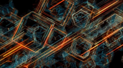 Illustrative technology background image with glowing, futuristic geometric shapes and lines in dark blue and orange tones
