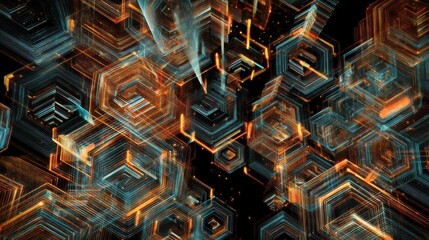 Illustrative technology background image with glowing, futuristic geometric shapes and lines in dark blue and orange tones